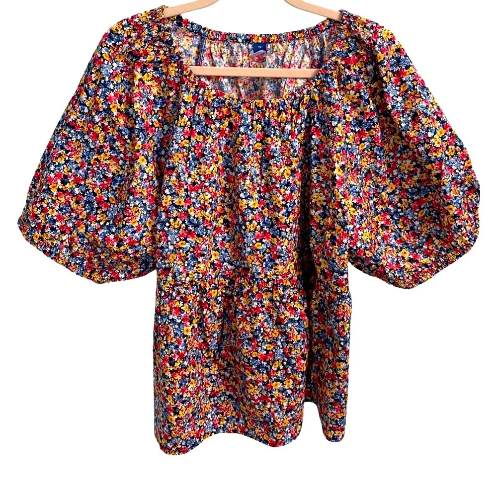 Old Navy Navy Floral Top Puff Sleeves Size 2X NWT